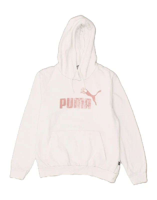 PUMA Womens Graphic Hoodie Jumper UK 14 Medium White Cotton Hoodie with Sequins Glamorous Eye-catching PUMA Womens Graphic Hoodie Jumper UK 14 Medium White Cotton Hoodie with Sequins Glamorous Eye-catching