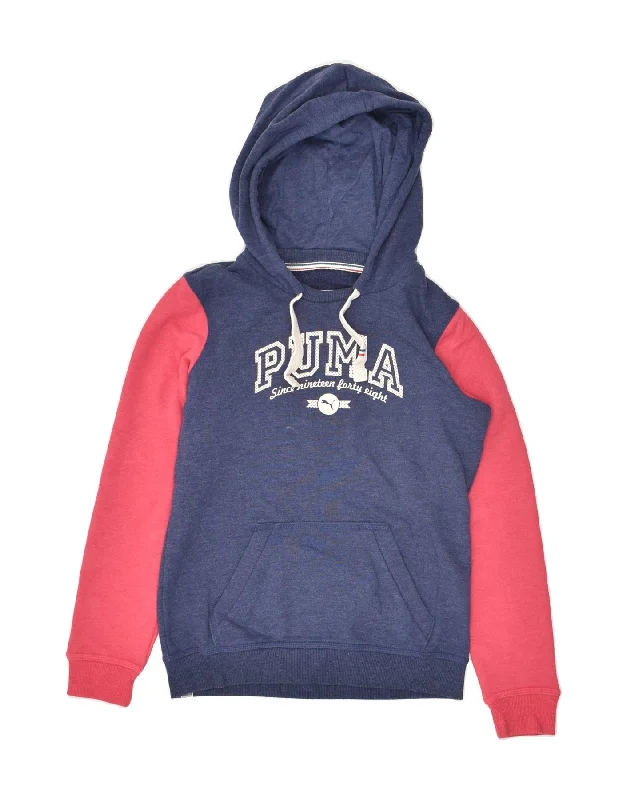 PUMA Womens Graphic Hoodie Jumper UK 8 Small Navy Blue Colourblock Hoodie with Metallic Shiny Futuristic PUMA Womens Graphic Hoodie Jumper UK 8 Small Navy Blue Colourblock Hoodie with Metallic Shiny Futuristic