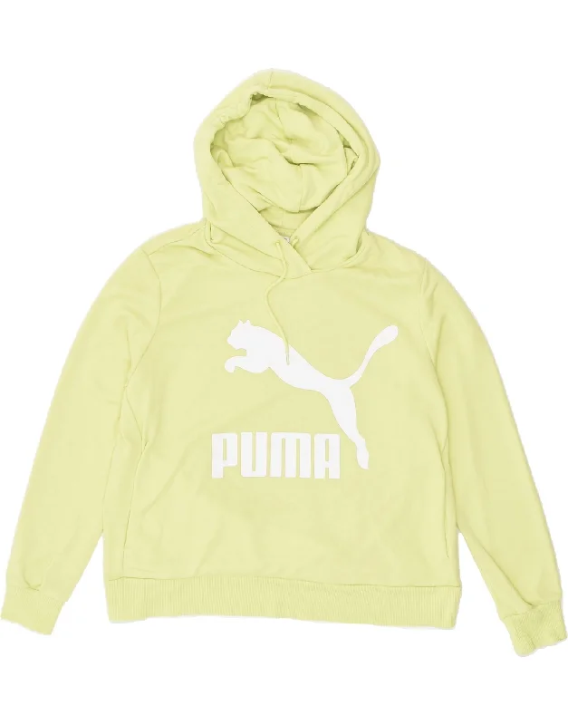 PUMA Womens Loose Fit Graphic Hoodie Jumper UK 16 Large Yellow Cotton Hoodie with Tied Waist Feminine Flattering PUMA Womens Loose Fit Graphic Hoodie Jumper UK 16 Large Yellow Cotton Hoodie with Tied Waist Feminine Flattering