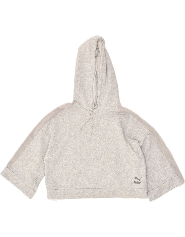 PUMA Womens Oversized Crop 3/4 Sleeve Hoodie Jumper UK 10 Small Grey Hoodie with Button Placket Classic Preppy PUMA Womens Oversized Crop 3/4 Sleeve Hoodie Jumper UK 10 Small Grey Hoodie with Button Placket Classic Preppy