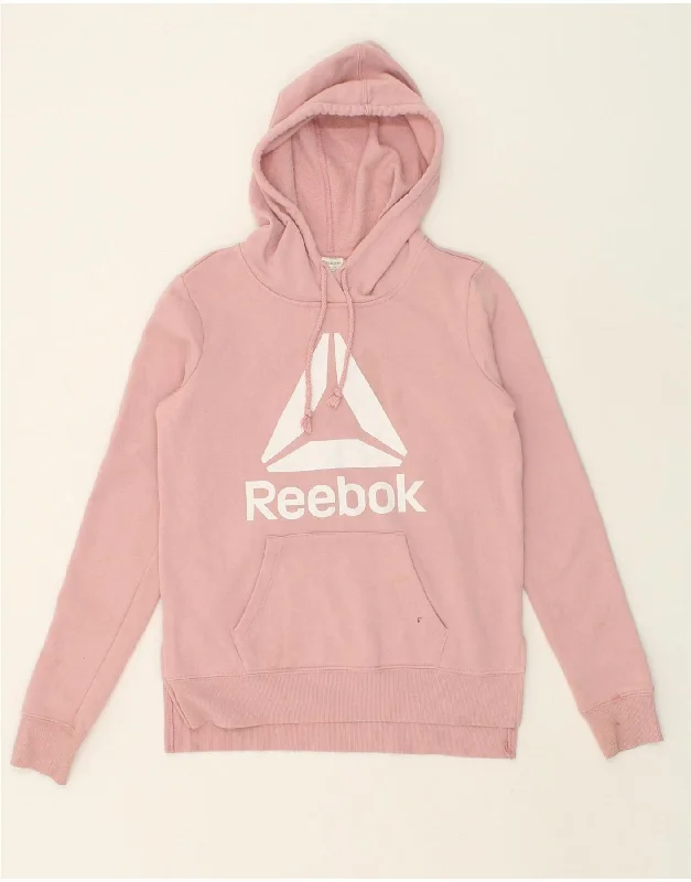 REEBOK Womens Graphic Hoodie Jumper UK 6 XS Pink Cotton Hoodie with Batwing Sleeves Loose Dramatic REEBOK Womens Graphic Hoodie Jumper UK 6 XS Pink Cotton Hoodie with Batwing Sleeves Loose Dramatic