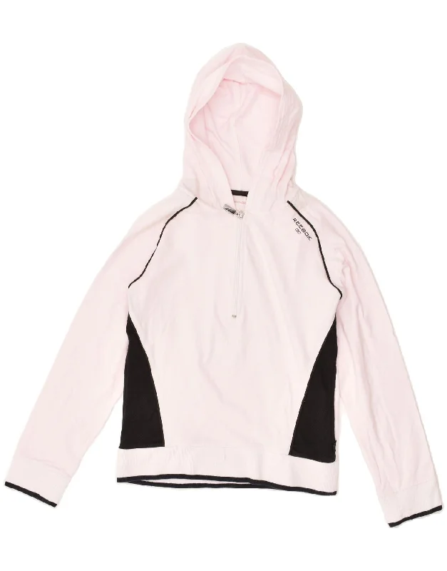 REEBOK Womens Hoodie Jumper UK 12 Medium Pink Cotton Hoodie with Pattern Geometric Abstract REEBOK Womens Hoodie Jumper UK 12 Medium Pink Cotton Hoodie with Pattern Geometric Abstract