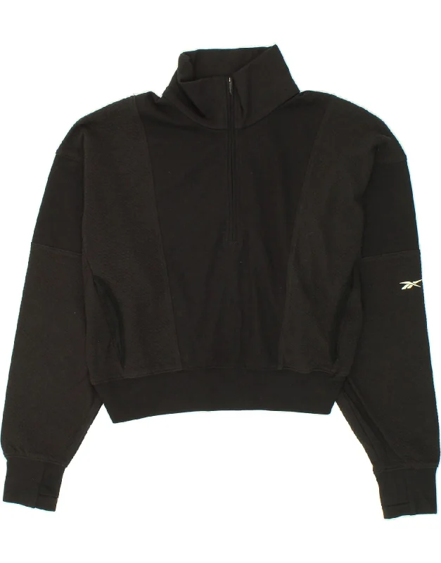 REEBOK Womens Oversized Zip Neck Sweatshirt Jumper UK 8/10 Small Black Hoodie with Hem Detail Decorative Unique REEBOK Womens Oversized Zip Neck Sweatshirt Jumper UK 8/10 Small Black Hoodie with Hem Detail Decorative Unique