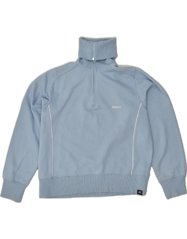 REEBOK Womens Zip Neck Sweatshirt Jumper UK 16 Large Blue Polyester Hoodie with Slit Hem Functional Movement REEBOK Womens Zip Neck Sweatshirt Jumper UK 16 Large Blue Polyester Hoodie with Slit Hem Functional Movement