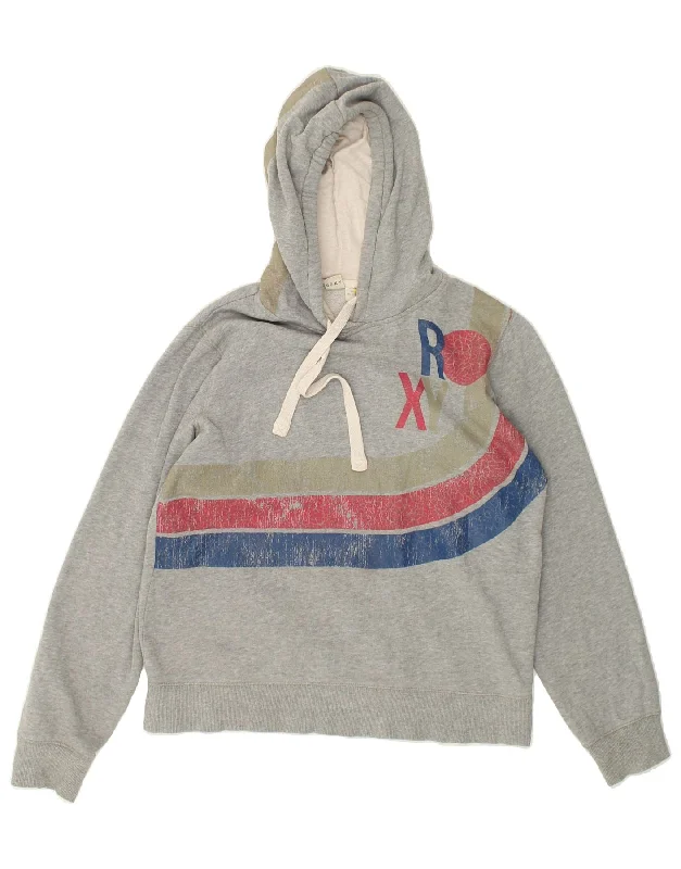 ROXY Womens Graphic Hoodie Jumper UK 12 Medium Grey Cotton Hoodie with Hem Drawcord Adjustable Customizable ROXY Womens Graphic Hoodie Jumper UK 12 Medium Grey Cotton Hoodie with Hem Drawcord Adjustable Customizable