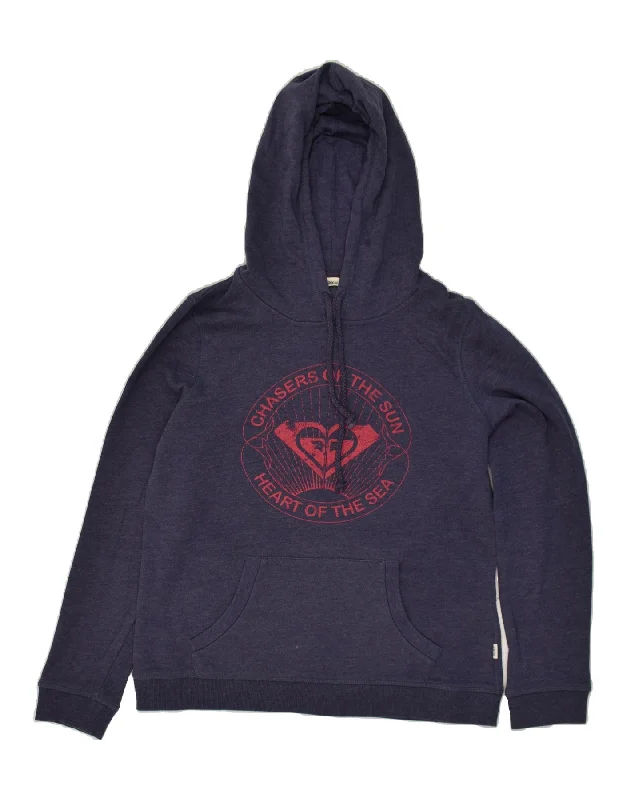 ROXY Womens Graphic Hoodie Jumper UK 14 Large Navy Blue Cotton Hoodie with Hem Applique Textured Unique ROXY Womens Graphic Hoodie Jumper UK 14 Large Navy Blue Cotton Hoodie with Hem Applique Textured Unique