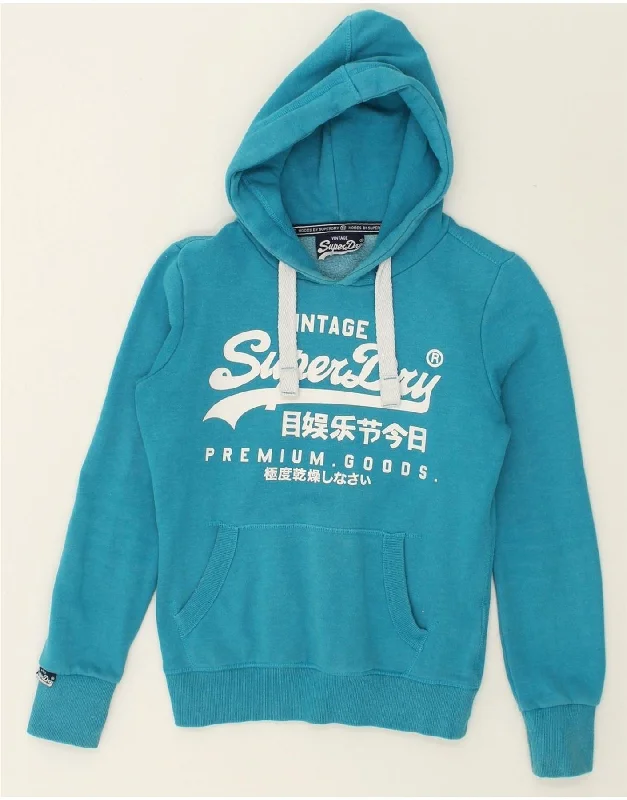 SUPERDRY Womens Graphic Hoodie Jumper UK 10 Small Blue Cotton Hoodie with Front Slit Layering Stylish SUPERDRY Womens Graphic Hoodie Jumper UK 10 Small Blue Cotton Hoodie with Front Slit Layering Stylish