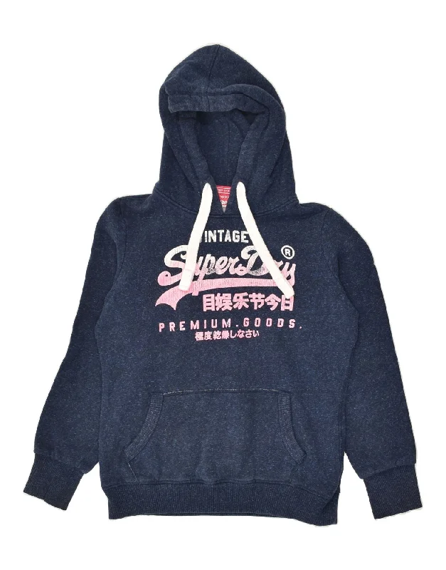 SUPERDRY Womens Graphic Hoodie Jumper UK 16 Large Navy Blue Flecked Cotton Hoodie with Puffed Sleeves Voluminous Trendy SUPERDRY Womens Graphic Hoodie Jumper UK 16 Large Navy Blue Flecked Cotton Hoodie with Puffed Sleeves Voluminous Trendy