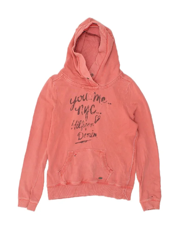 TOMMY HILFIGER Womens Graphic Hoodie Jumper UK 10 Small Pink Hoodie with Hem Detail Decorative Unique TOMMY HILFIGER Womens Graphic Hoodie Jumper UK 10 Small Pink Hoodie with Hem Detail Decorative Unique