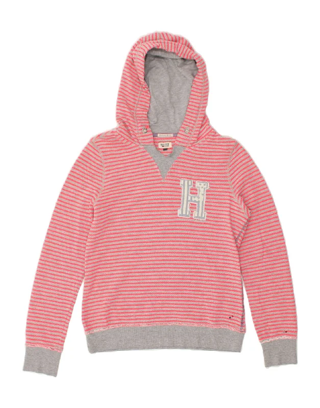 TOMMY HILFIGER Womens Graphic Hoodie Jumper UK 14 Medium Pink Striped Hoodie with Hem Frayed Vintage Worn TOMMY HILFIGER Womens Graphic Hoodie Jumper UK 14 Medium Pink Striped Hoodie with Hem Frayed Vintage Worn