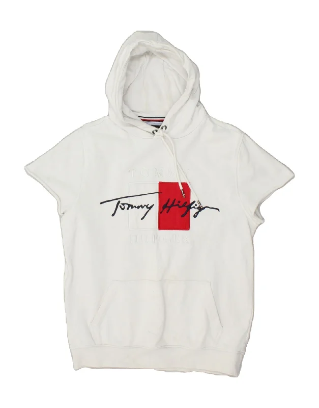 TOMMY HILFIGER Womens Graphic Short Sleeve Hoodie Jumper UK 10 Small White Hoodie with Pocket Utility Practical TOMMY HILFIGER Womens Graphic Short Sleeve Hoodie Jumper UK 10 Small White Hoodie with Pocket Utility Practical