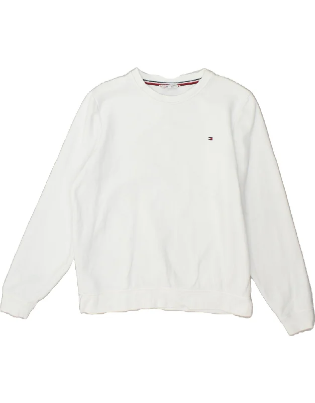 TOMMY HILFIGER Womens Oversized Sweatshirt Jumper UK 10 Small White Cotton Hoodie with Earth Tones Natural Calm TOMMY HILFIGER Womens Oversized Sweatshirt Jumper UK 10 Small White Cotton Hoodie with Earth Tones Natural Calm