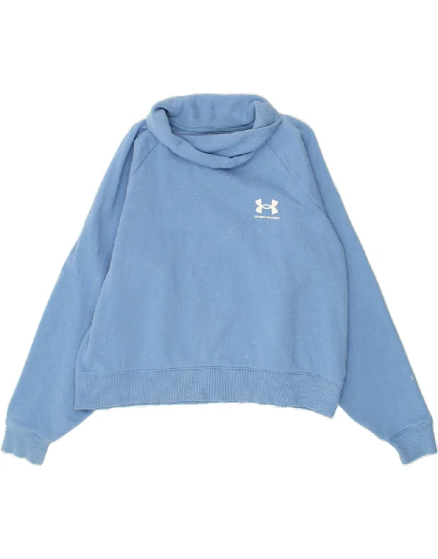 UNDER ARMOUR Womens Crop Roll Neck Sweatshirt Jumper UK 16 Large Blue Hoodie with Thumb Holes Functional Cozy UNDER ARMOUR Womens Crop Roll Neck Sweatshirt Jumper UK 16 Large Blue Hoodie with Thumb Holes Functional Cozy
