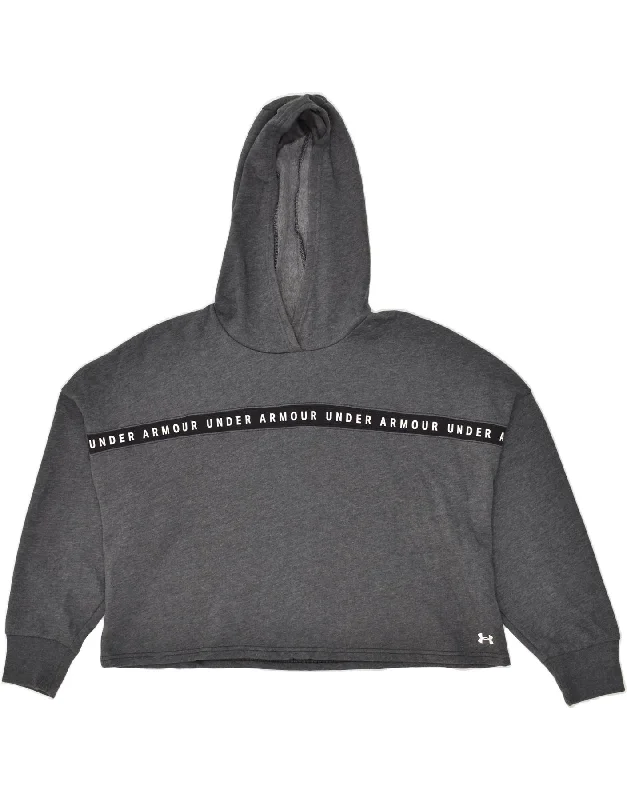 UNDER ARMOUR Womens Oversized Crop Graphic Hoodie Jumper UK 16 Large Grey Hoodie with Hem Patch Decorative Personalized UNDER ARMOUR Womens Oversized Crop Graphic Hoodie Jumper UK 16 Large Grey Hoodie with Hem Patch Decorative Personalized