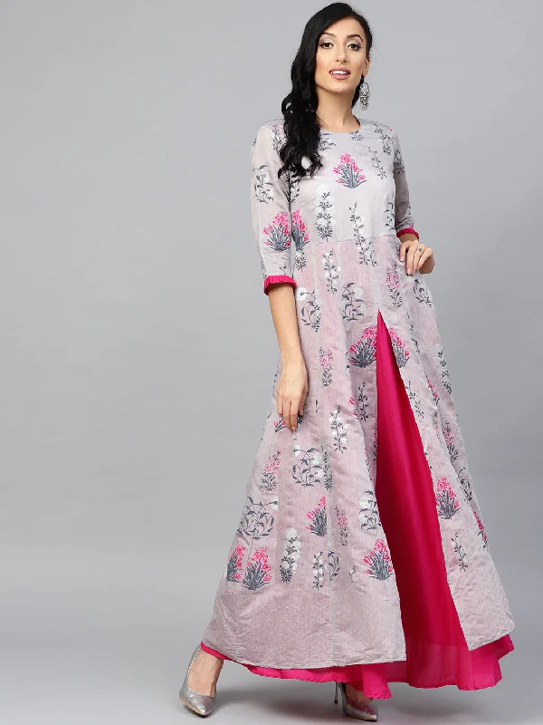 Ahalyaa Grey & Pink Floral Printed Layered Front Slit Maxi Dress Trendy Ruffled Maxi Dress Ahalyaa Grey & Pink Floral Printed Layered Front Slit Maxi Dress Trendy Ruffled Maxi Dress