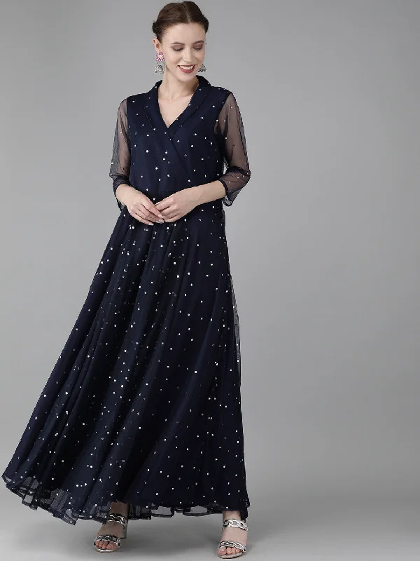 Ahalyaa Navy Blue Net & Crepe Silver Toned Polka Dots Printed Maxi Dress Comfortable Fit-and-Flare Maxi Dress Ahalyaa Navy Blue Net & Crepe Silver Toned Polka Dots Printed Maxi Dress Comfortable Fit-and-Flare Maxi Dress