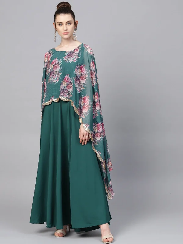 Ahalyaa Women Crepe Green Digital Printed Maxi Dress Chic Summer Maxi Dress
