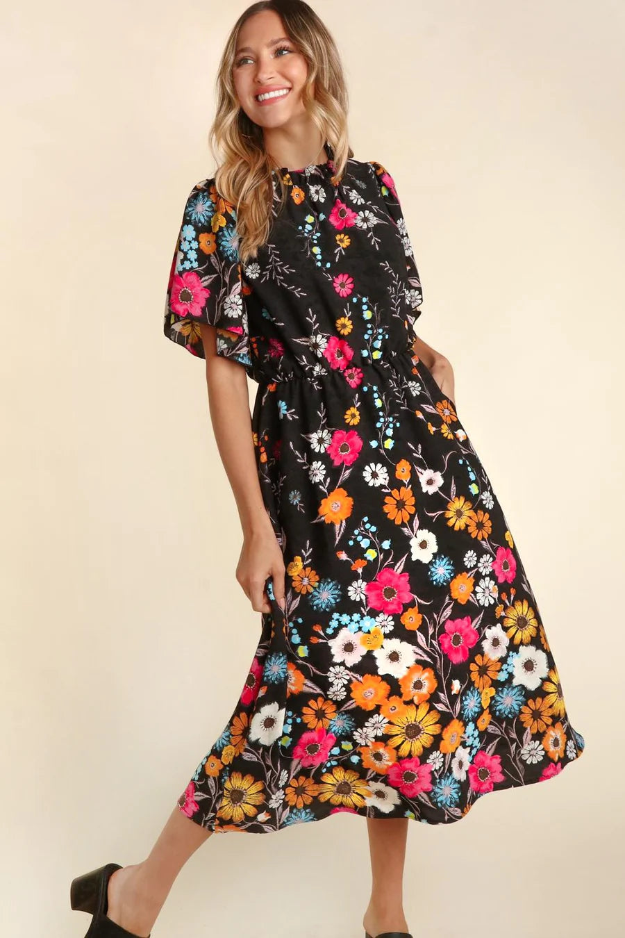 BLACK FRILLY MOCK NECK FLORAL POCKETED MIDI MAXI DRESS Stylish Long Sleeve Maxi Dress BLACK FRILLY MOCK NECK FLORAL POCKETED MIDI MAXI DRESS Stylish Long Sleeve Maxi Dress