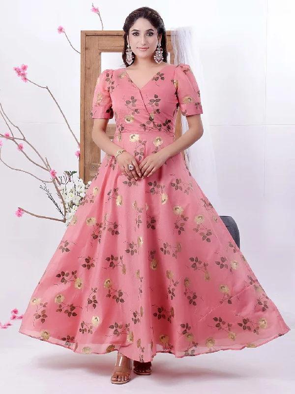 Pink Chanderi Silk V-Neck Maxi Dress Comfortable Ruffle Hem Maxi Dress