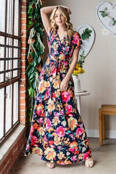 Explore More Collection - Heimish Full Size Floral Surplice Tie Waist Maxi Dress Fashionable Faux Wrap Maxi Dress
