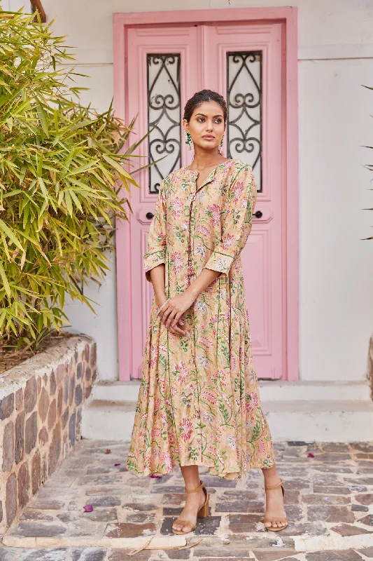 Light Brown Hand Block Print Maxi Dress Cozy Open-Back Maxi Dress
