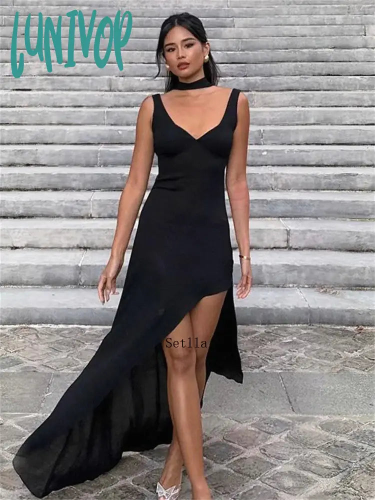 Lunivop Low Cut Straps Backless Split Maxi Dress Women Sexy Elegant Sleeveless Evening Party Long Dresses Club Outfits Summer Dress Elegant Lace-Up Maxi Dress