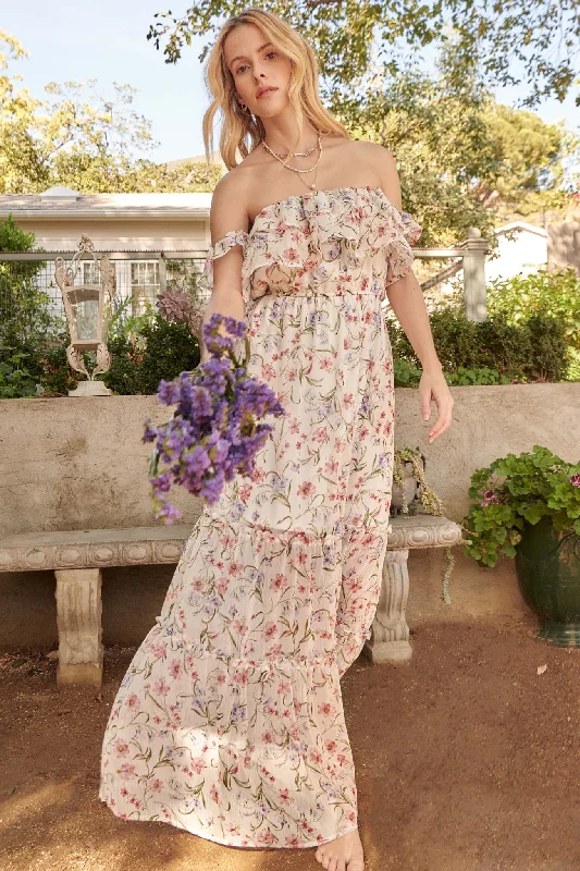 My Always Ruffled Off-Shoulder Floral Maxi Dress Comfortable Pleated Maxi Dress
