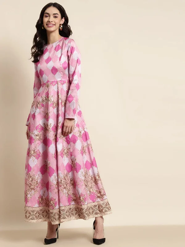 Pink Mughal Floral Full Sleeves Anarkali Maxi Dress Fashionable High-Low Maxi Dress