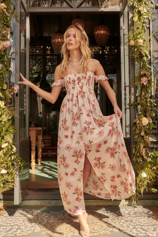 Roses in Bloom Off-Shoulder Floral Maxi Dress Chic Boho Print Maxi Dress