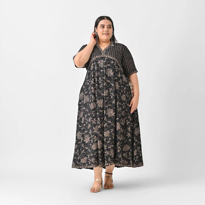 Black Rayon Bandhani Inspired Floral Maxi Dress (Plus) Comfortable Ruffle Hem Maxi Dress Black Rayon Bandhani Inspired Floral Maxi Dress (Plus) Comfortable Ruffle Hem Maxi Dress