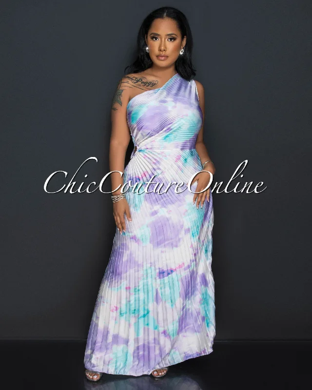 Sabia Lilac Aquamarine Pleated Single Shoulder Silky Maxi Dress Fashionable High-Low Maxi Dress Sabia Lilac Aquamarine Pleated Single Shoulder Silky Maxi Dress Fashionable High-Low Maxi Dress