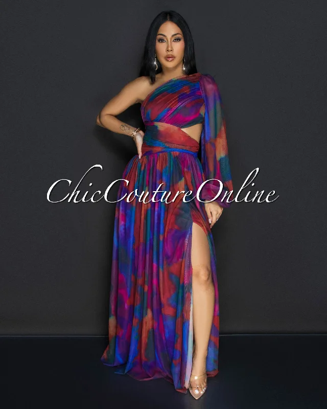 Verity Multi-Color Single Sleeve Maxi Dress Cozy Knit Maxi Dress