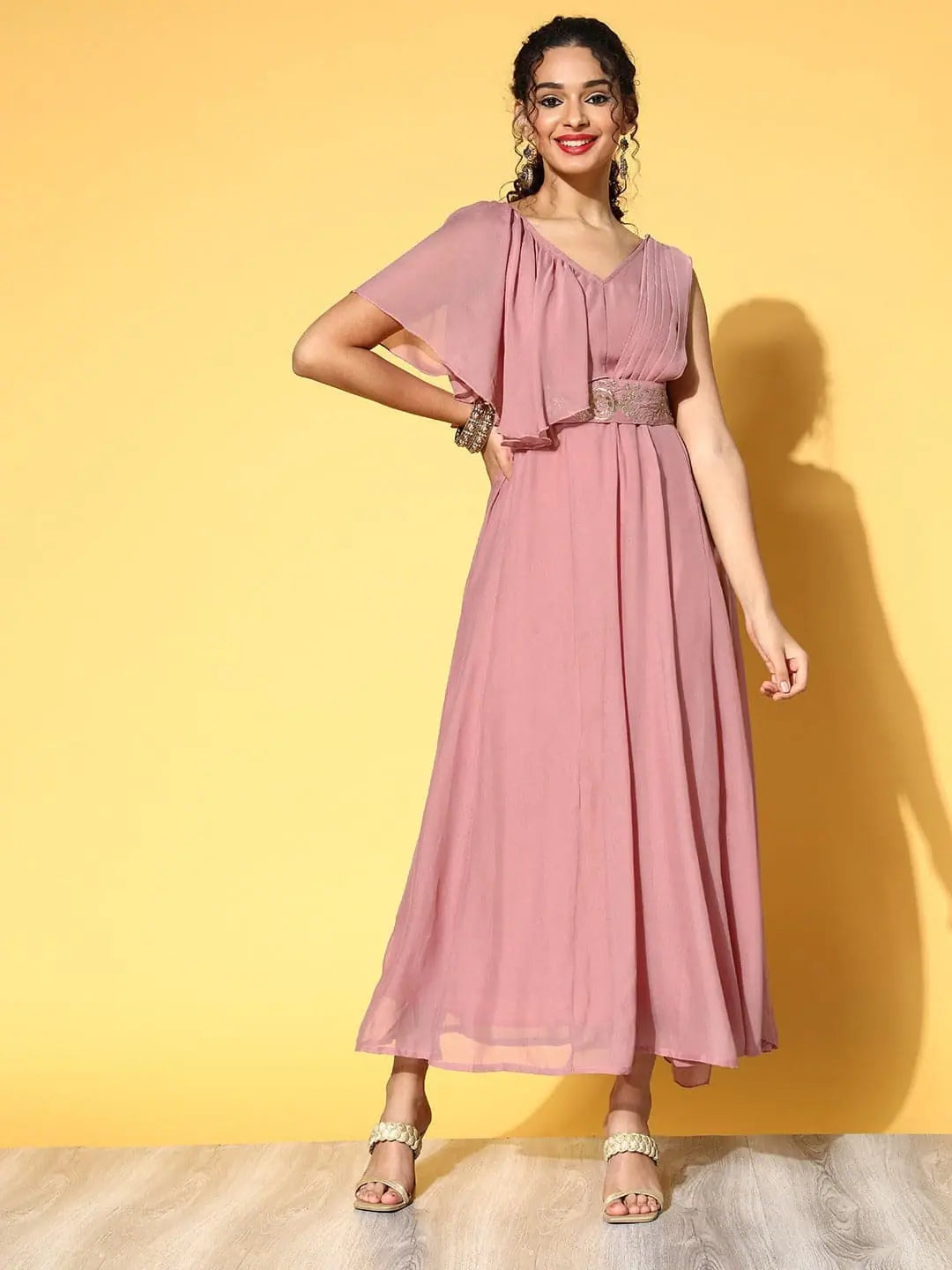 Women Baked Pink Drape Dupatta Anarkali Maxi Dress Comfortable Plunging Neckline Maxi Dress