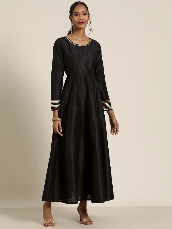 Women Black Gota Detail Anarkali Maxi Dress Stylish Maxi Dress with Pleats