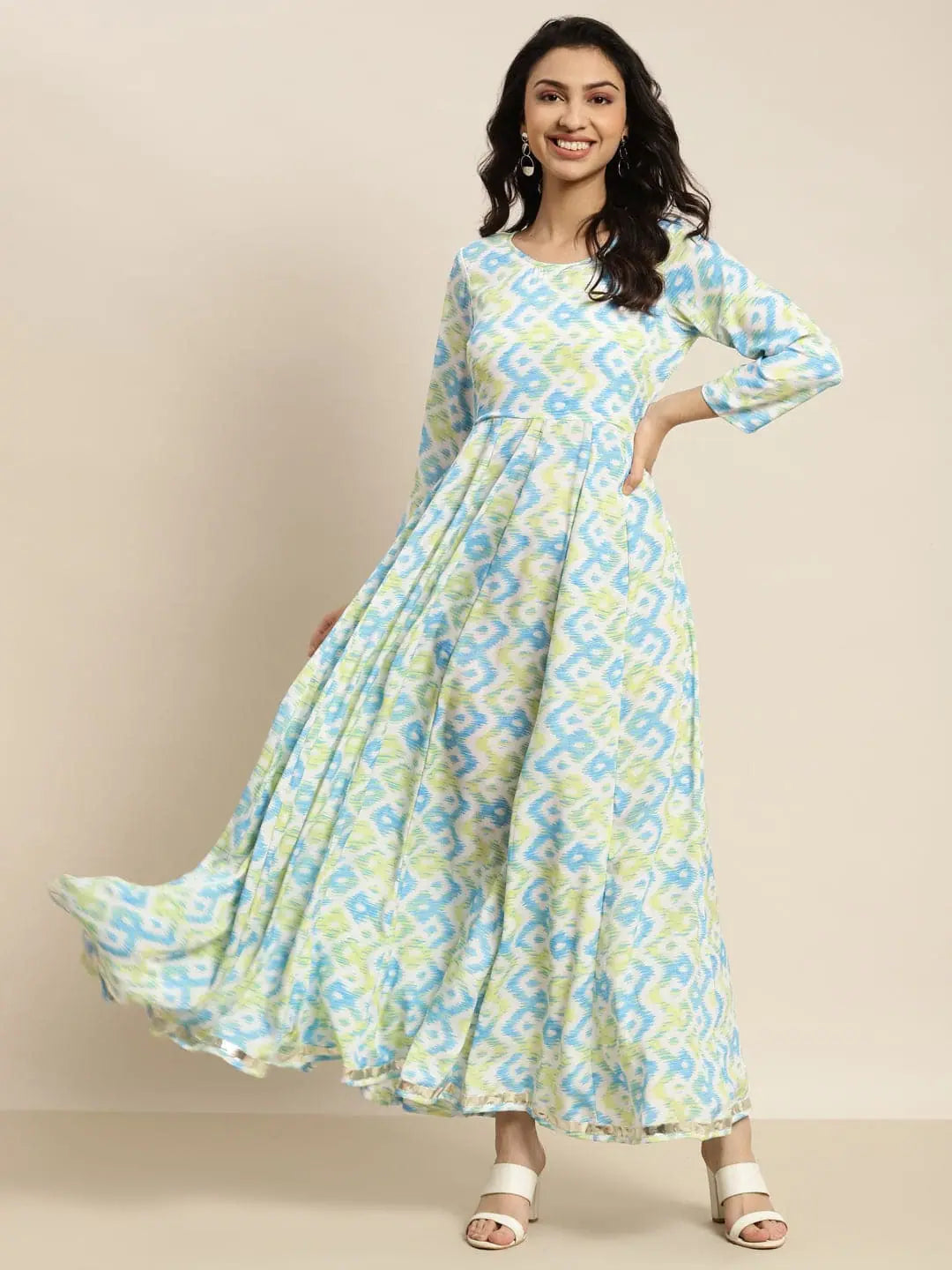 Women Blue & Green Ikat Anarkali Maxi Dress Fashionable High-Waist Maxi Dress