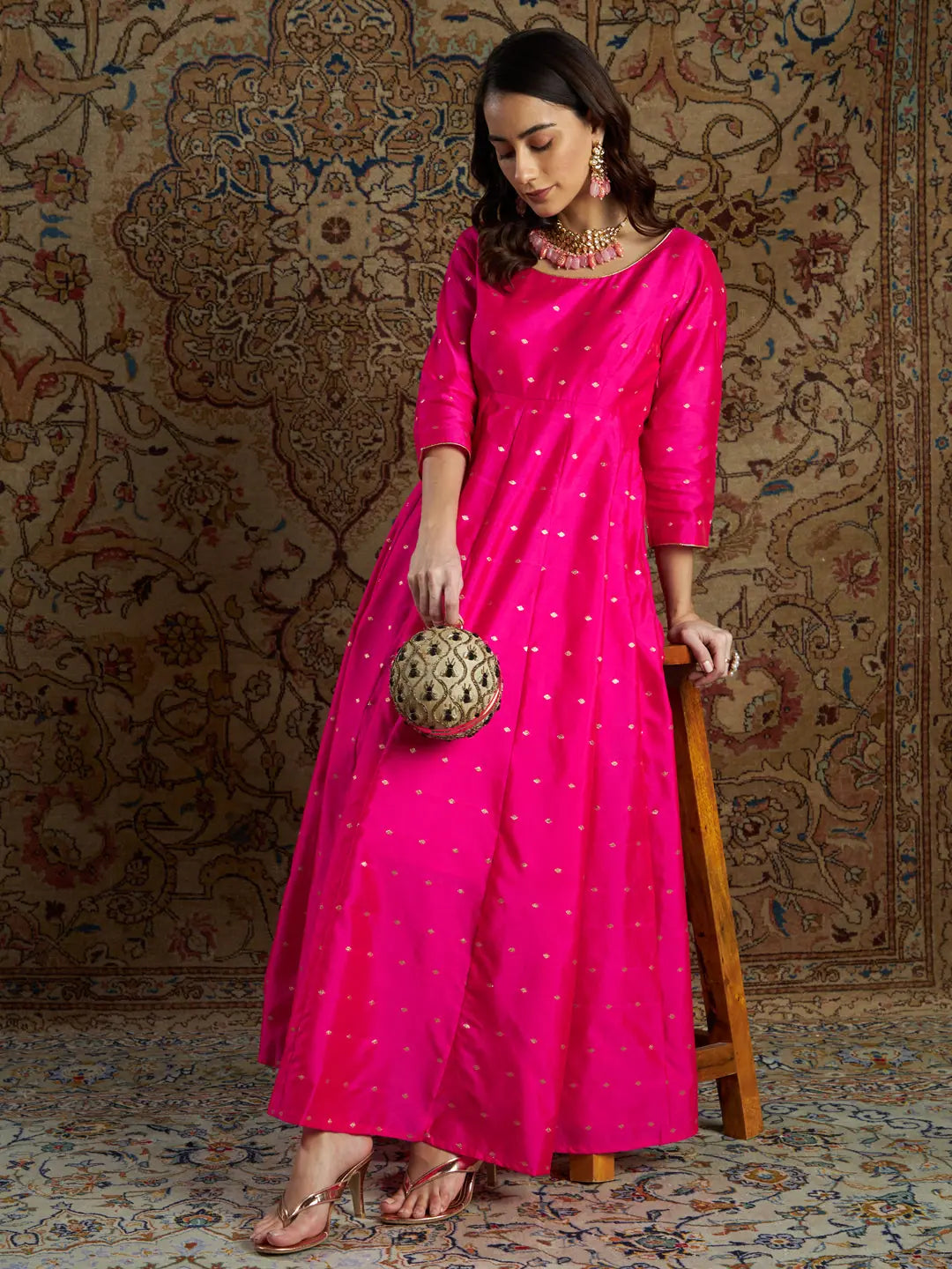 Women Fuchsia Jacquard Anarkali Maxi Dress Stylish Longline Maxi Dress