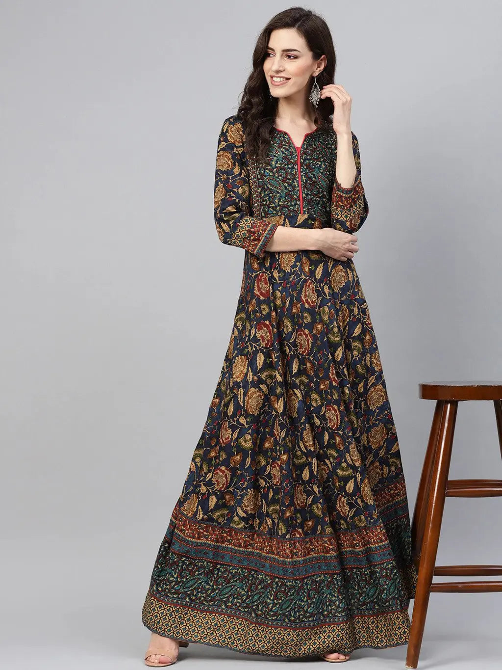 Women Navy Blue Printed Long Maxi Dress Comfortable Fit-and-Flare Maxi Dress
