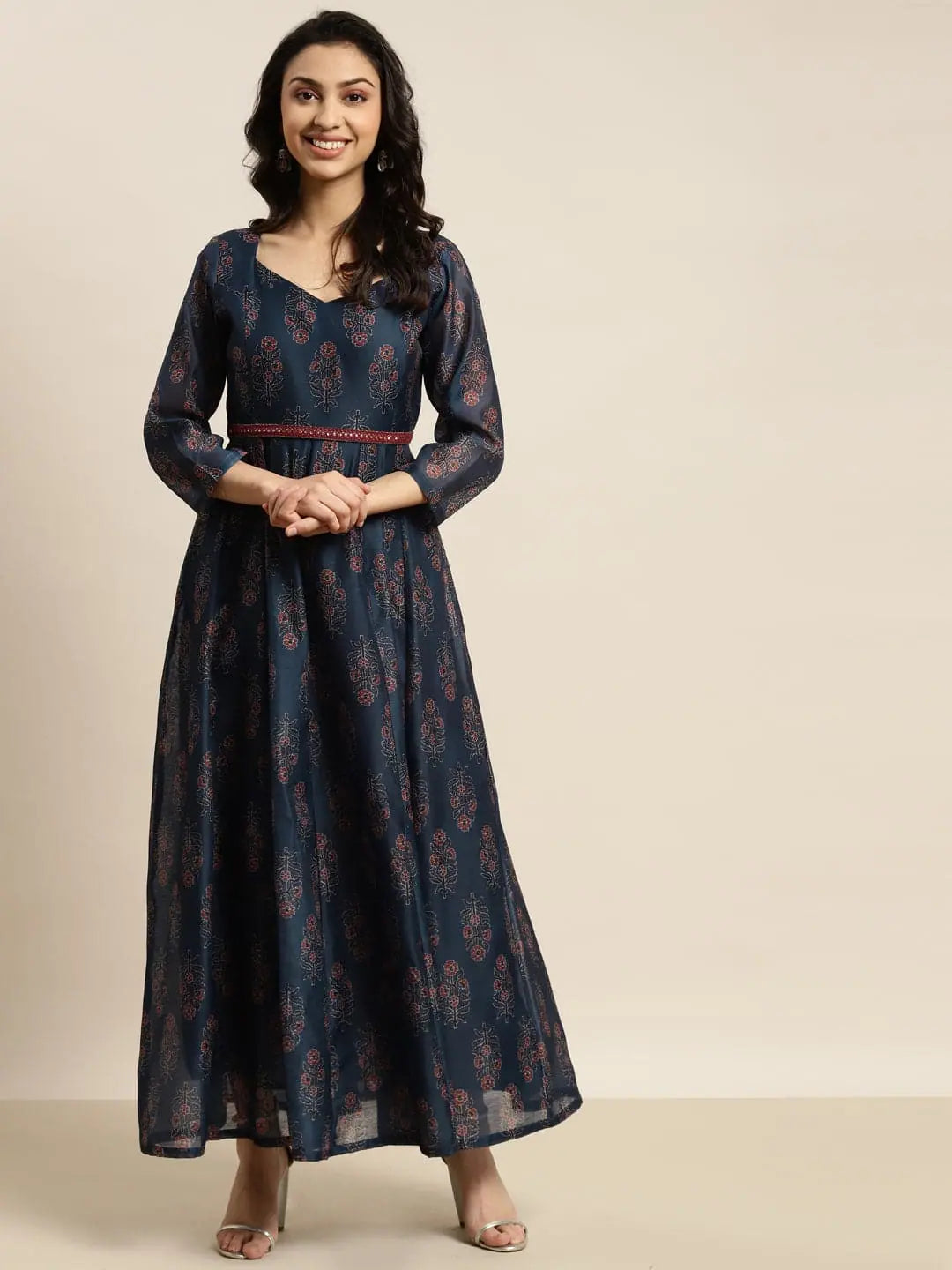 Women Navy Chanderi Floral Anarkali Maxi Dress Cozy Maxi Dress with Slit