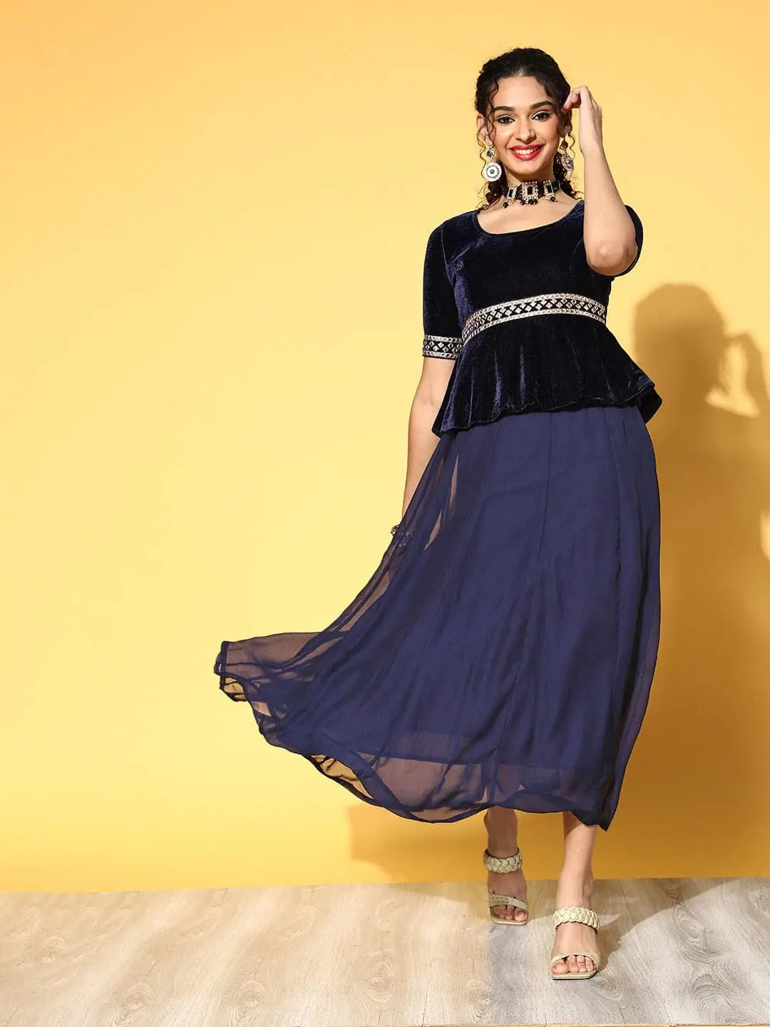 Women Navy Embroidered Peplum Anarkali Maxi Dress Trendy Fit-and-Flare Maxi Dress