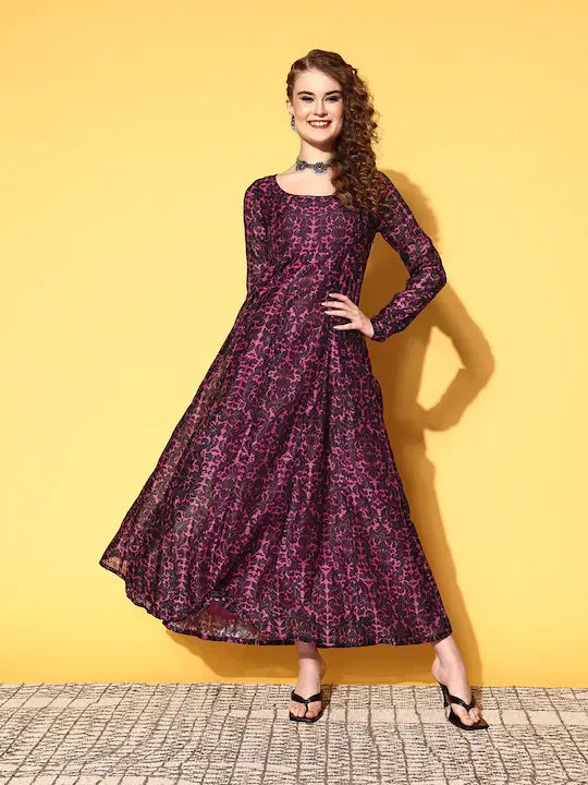 Women Pink Chanderi Floral Anarkali Maxi Dress Elegant Boho Maxi Dress
