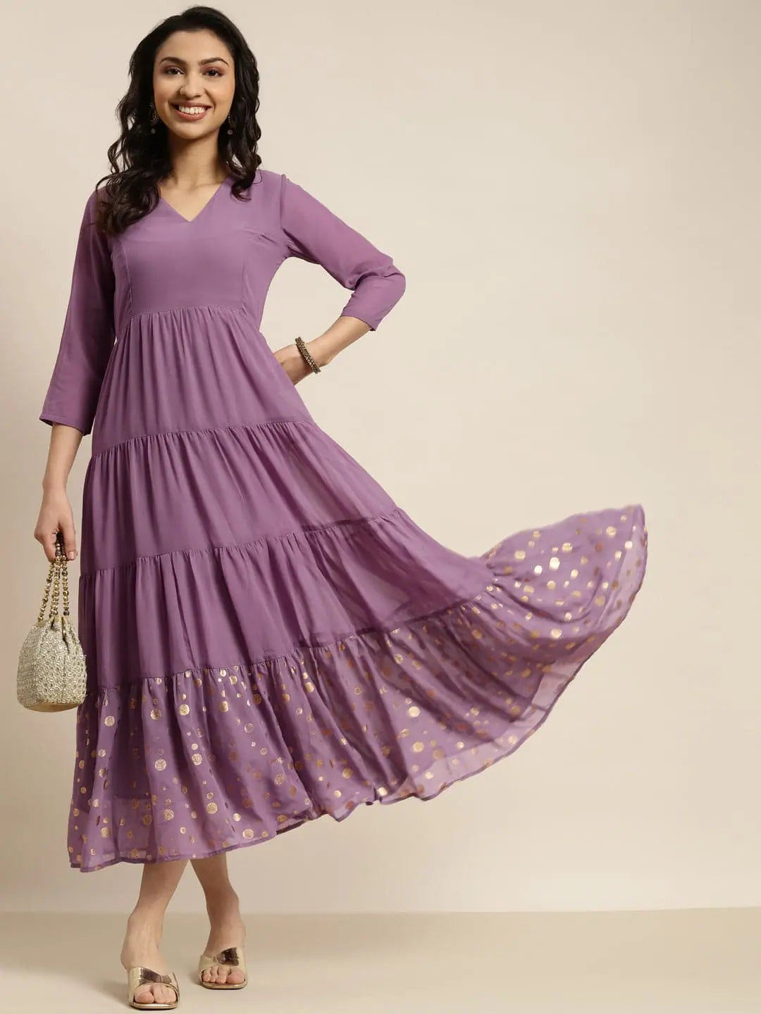 Women Purple Foil Print Tiered Maxi Dress Cozy Wrap Maxi Dress