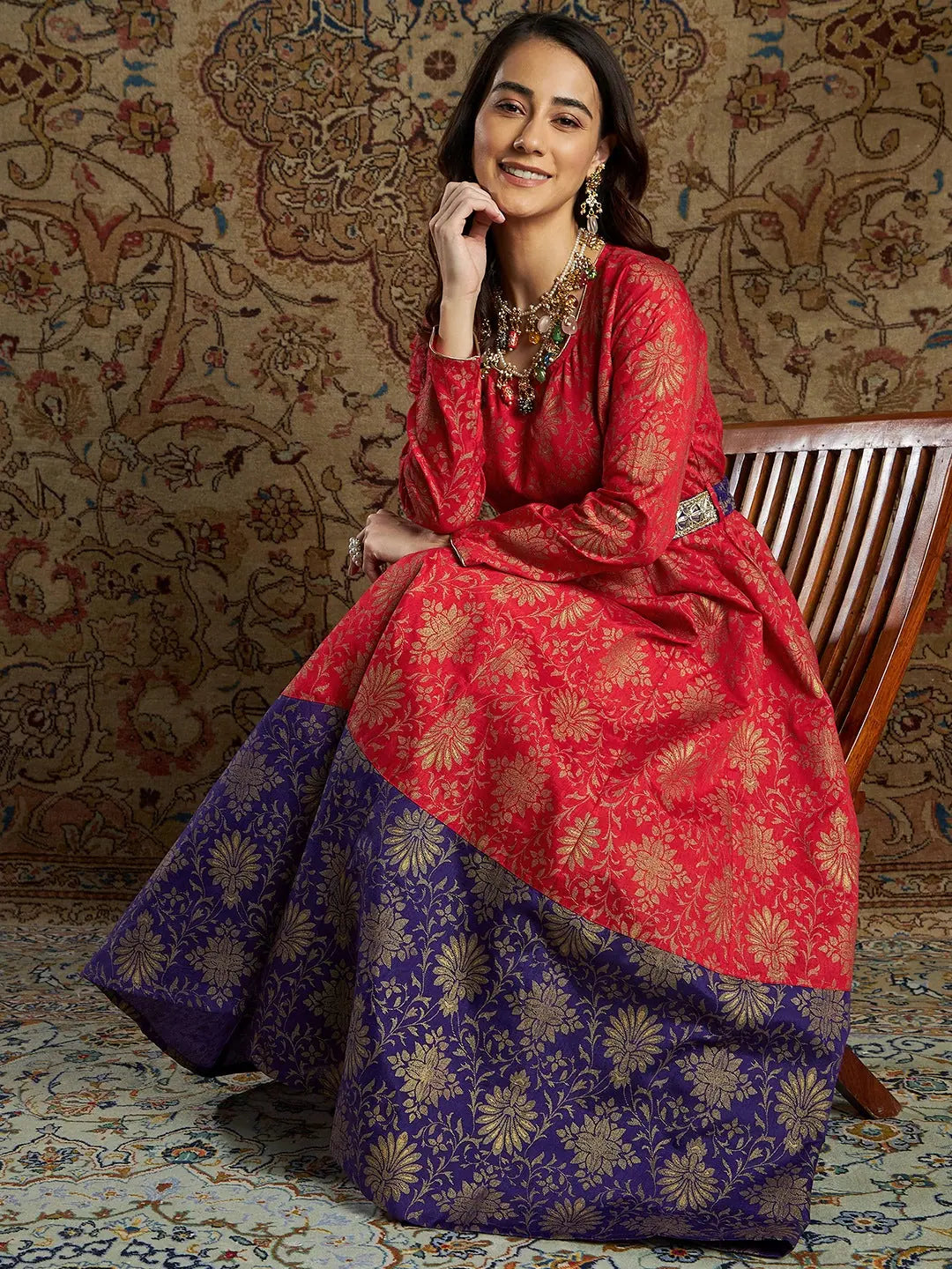 Women Red & Purple Brocade Floral Anarkali Maxi Dress Elegant Lace-Up Maxi Dress