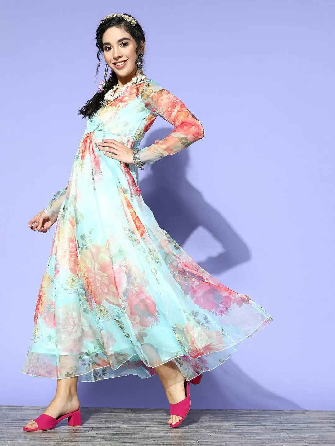 Women Sea Green Organza Floral Anarkali Maxi Dress Fashionable Chiffon Tiered Maxi Dress Women Sea Green Organza Floral Anarkali Maxi Dress Fashionable Chiffon Tiered Maxi Dress