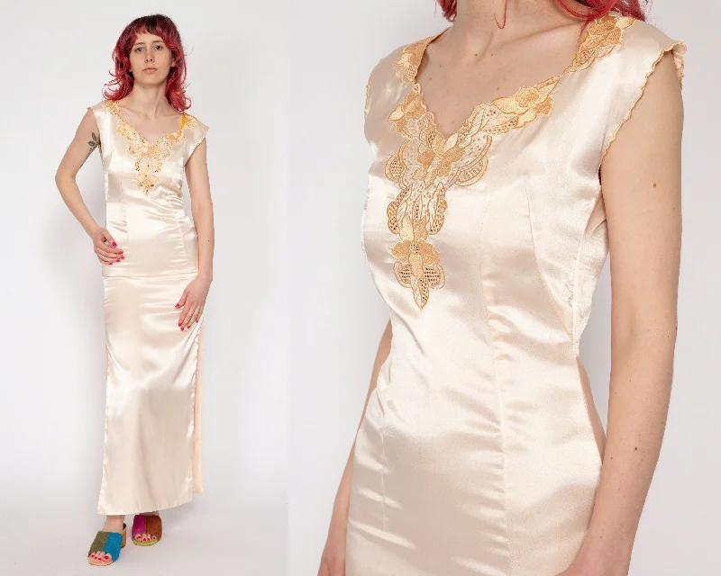 XS 90s Does 30s Baby Pink Satin Maxi Dress Cozy Cold-Shoulder Maxi Dress