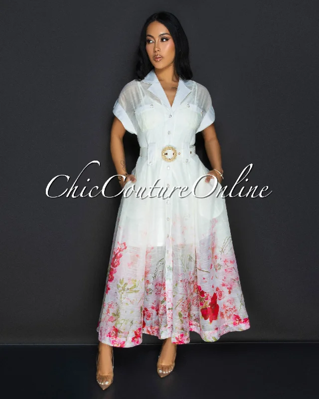 Zaria Cream Floral Print Gold Buttons Belted Maxi Dress Fashionable Off-Shoulder Maxi Dress Zaria Cream Floral Print Gold Buttons Belted Maxi Dress Fashionable Off-Shoulder Maxi Dress