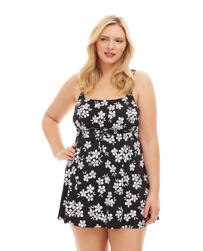 Always For Me by Fit 4U Black and White Moonflower Plus Size Swimdress Sporty Racerback Swimsuit Always For Me by Fit 4U Black and White Moonflower Plus Size Swimdress Sporty Racerback Swimsuit