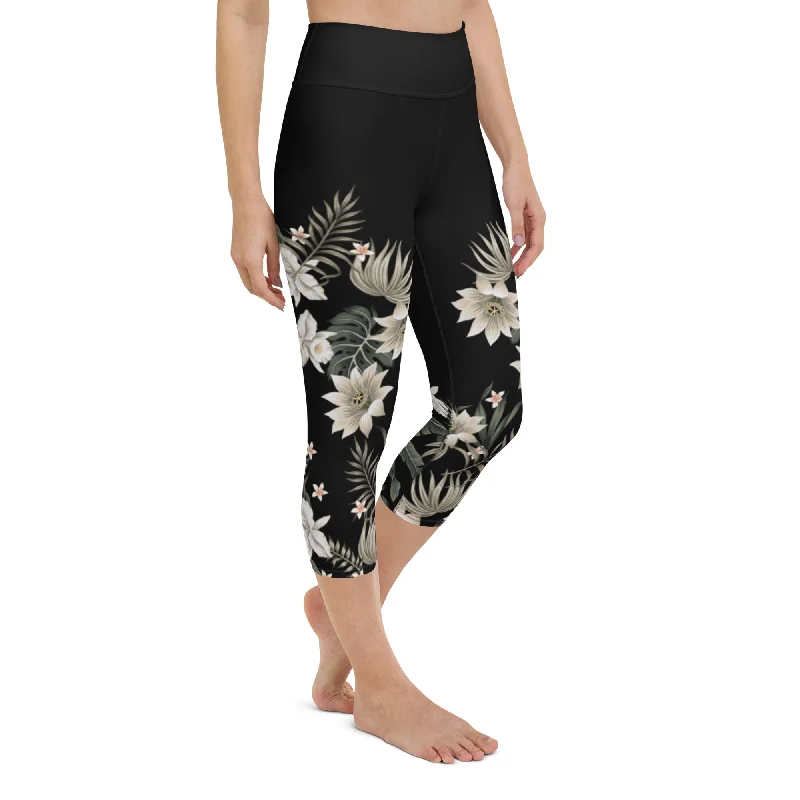Women's UPF 50 Cropped Swim Pant, Black Hawaiian Lily Swim Capri Leggings Quick-Dry Tankini Women's UPF 50 Cropped Swim Pant, Black Hawaiian Lily Swim Capri Leggings Quick-Dry Tankini