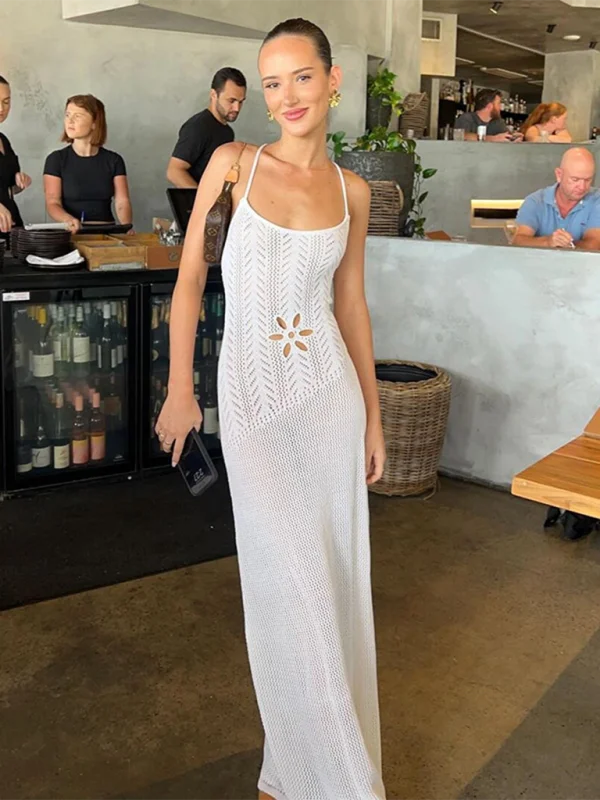 Blue Zone Planet | Kate's Knitted Hollow Backless Lace-up White U-neck Maxi Dress Elegant Tiered Maxi Dress Blue Zone Planet | Kate's Knitted Hollow Backless Lace-up White U-neck Maxi Dress Elegant Tiered Maxi Dress