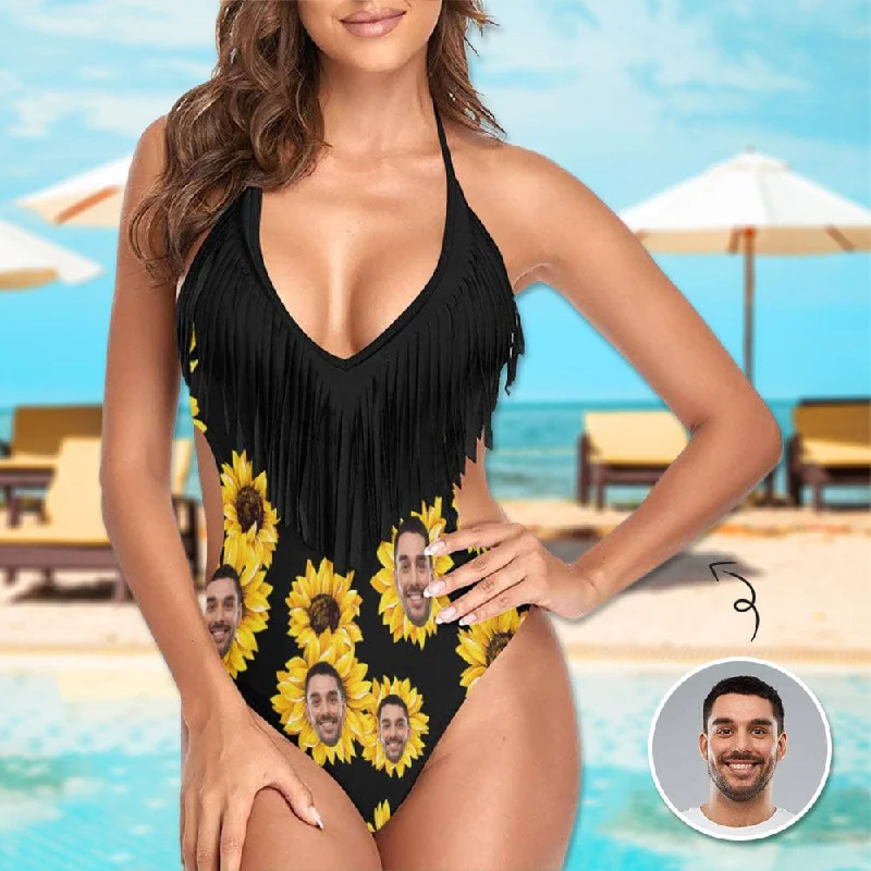Custom Face Sunflower Black One Piece Fringe Swimsuit Personalized Women's Bathing Suit High-Cut One-Piece Custom Face Sunflower Black One Piece Fringe Swimsuit Personalized Women's Bathing Suit High-Cut One-Piece