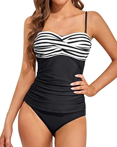 Fashionable Bandeau Tankini Sets For Beach Vacations-Black And White Stripe Classic Swimsuit Design Fashionable Bandeau Tankini Sets For Beach Vacations-Black And White Stripe Classic Swimsuit Design